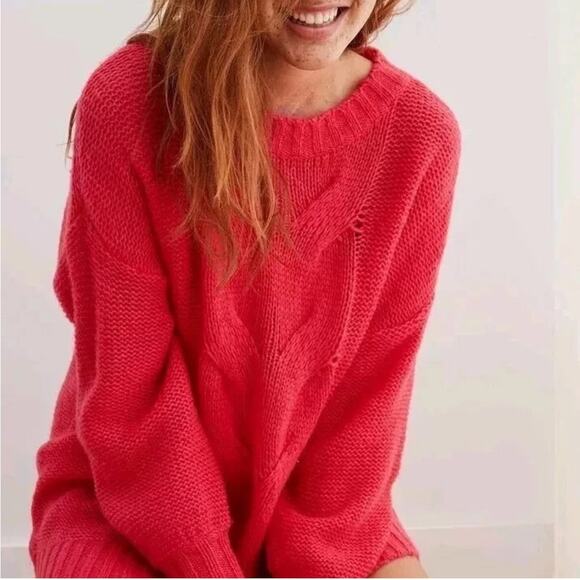 Aerie Peach Pink Happy Place Wool Blend Cable Knit Oversized Sweater Size Small - Picture 1 of 6